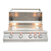 Stainless steel grill with visible burners on a white background