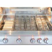 Stainless steel grill with glowing burners on a white background