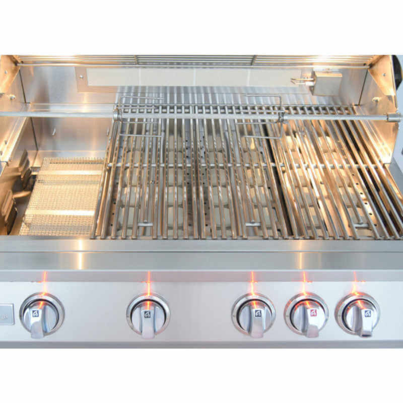 Stainless steel grill with glowing burners on a white background
