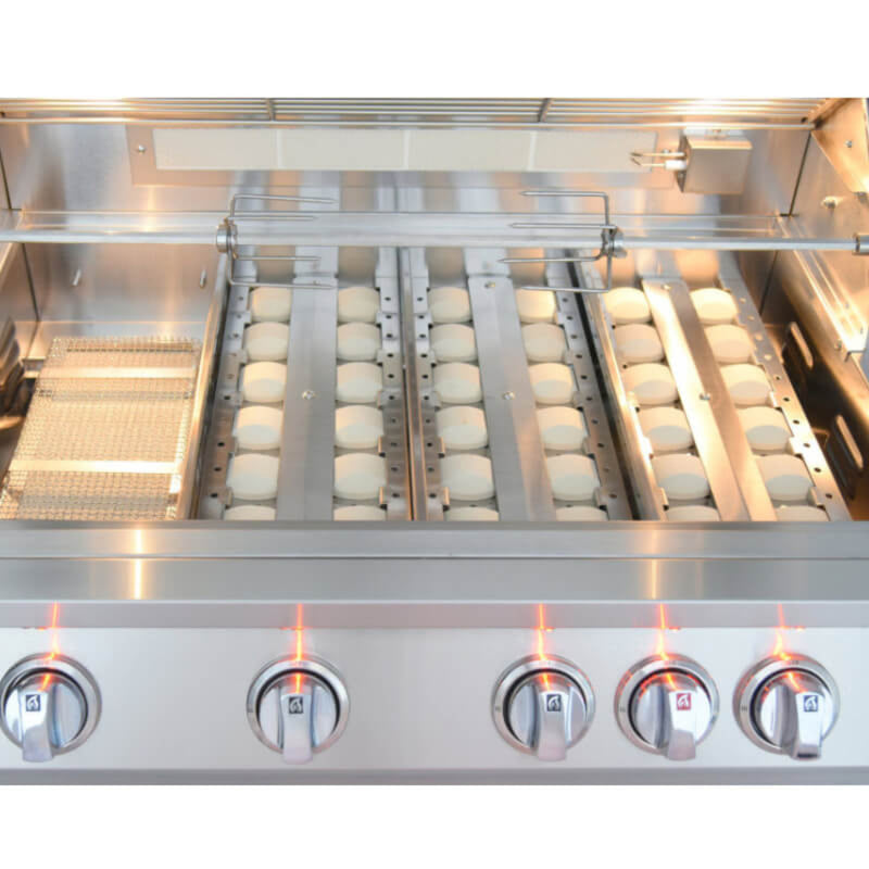 Stainless steel oven with multiple burners and control knobs on a white background
