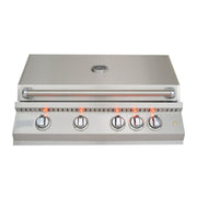 Stainless steel grill with visible burners on a white background