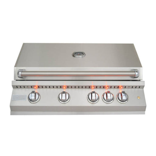 Stainless steel grill with visible burners on a white background