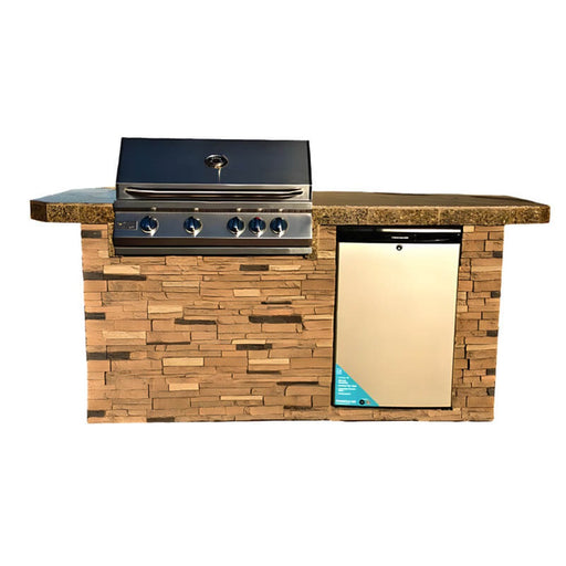 Outdoor kitchen grill and refrigerator combo with stone-like exterior on a white background