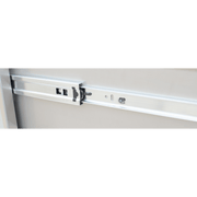 Metal drawer slide mechanism on a neutral background