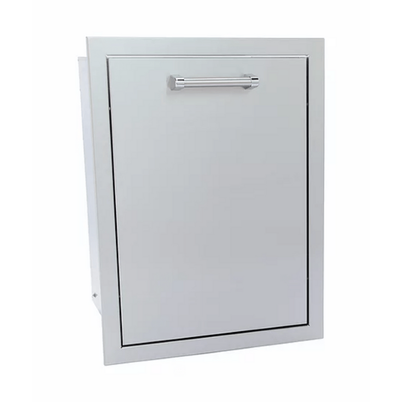 Stainless steel outdoor kitchen cabinet door with handle on a white background