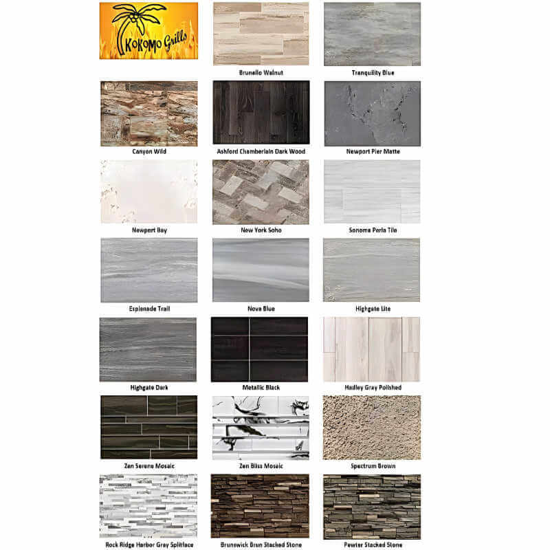 Collection of wood and stone texture swatches with brand logo at the top left corner.