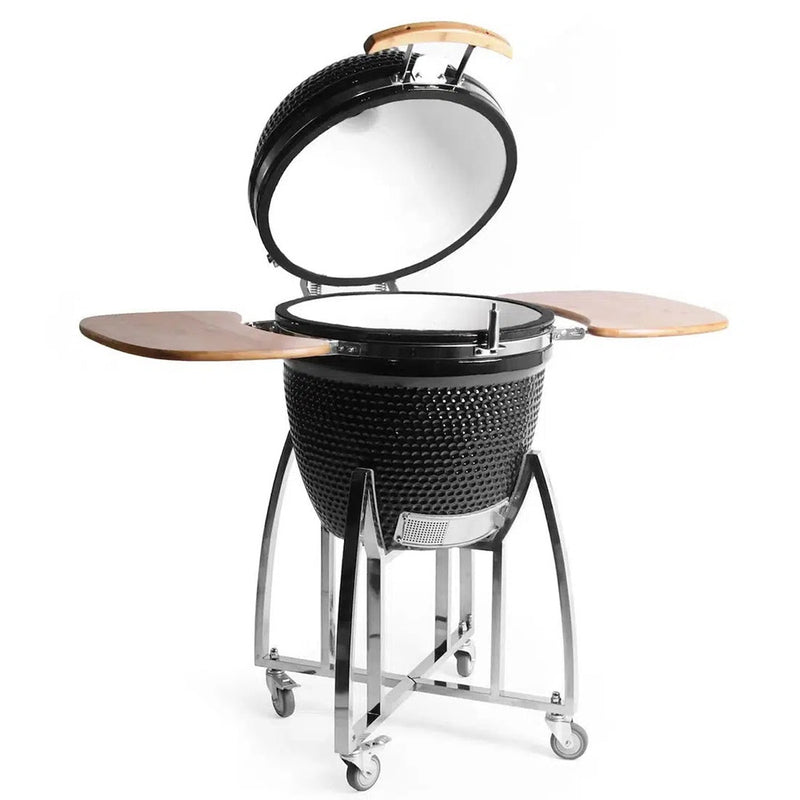 Black Kamado-style grill with wooden accents on a white background