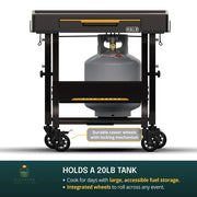 Powder-coated steel outdoor cooking cart — corrosion-resistant legs and tabletop