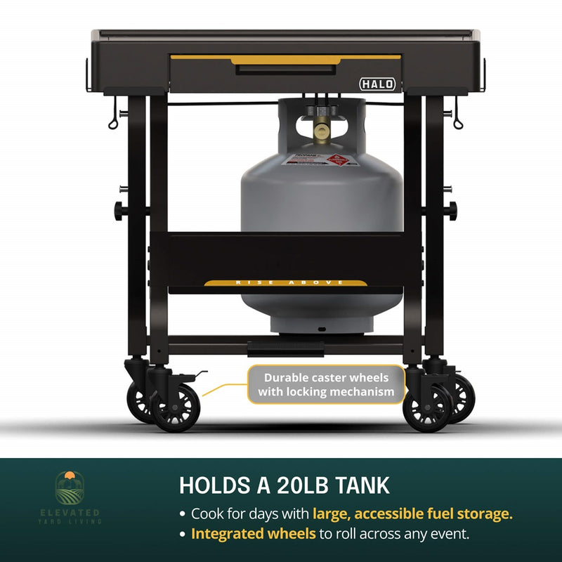 Powder-coated steel outdoor cooking cart — corrosion-resistant legs and tabletop