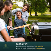 Family enjoying pizza made on a portable grill in a park
