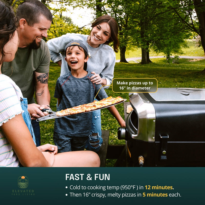 Family enjoying pizza made on a portable grill in a park
