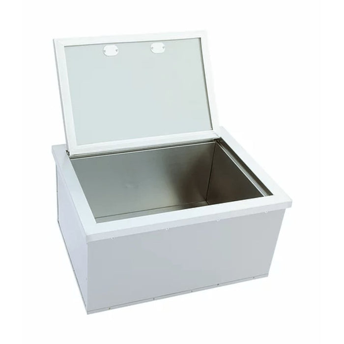 White metal storage box with a lid on a white background