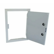 Metallic rectangular panel with two circular holes on a white background