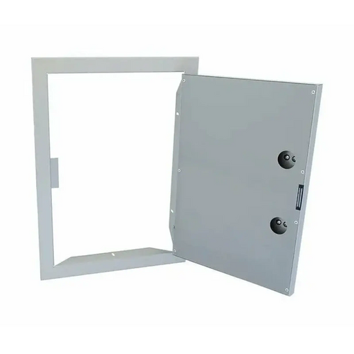 Metallic rectangular panel with two circular holes on a white background