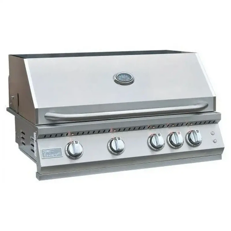 Stainless steel grill with five control knobs on a white background