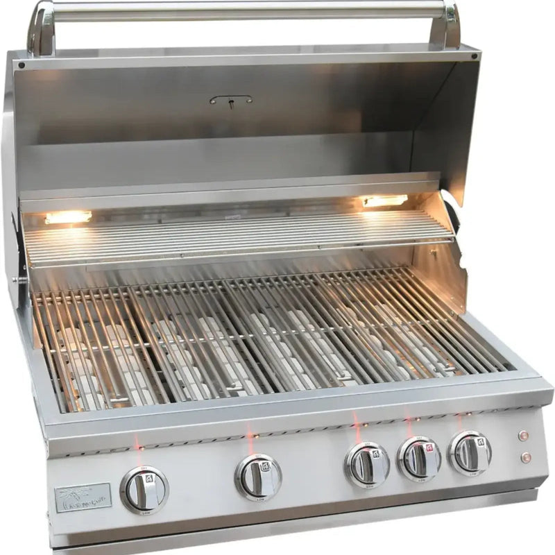 Stainless steel grill with four control knobs on a white background
