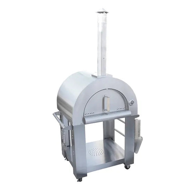 Stainless steel pizza oven on a white background