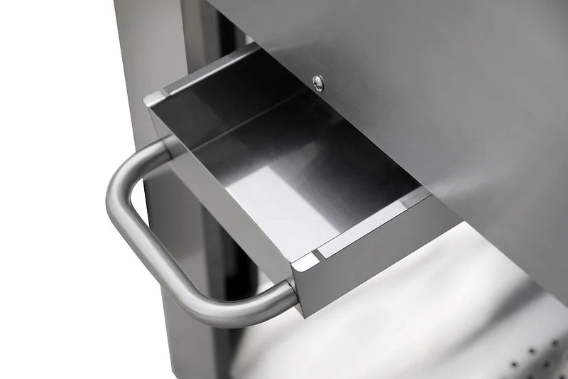 Metal trash can with a handle on a white background