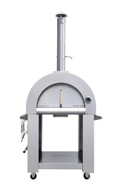 Stainless steel pizza oven on wheels with a white background